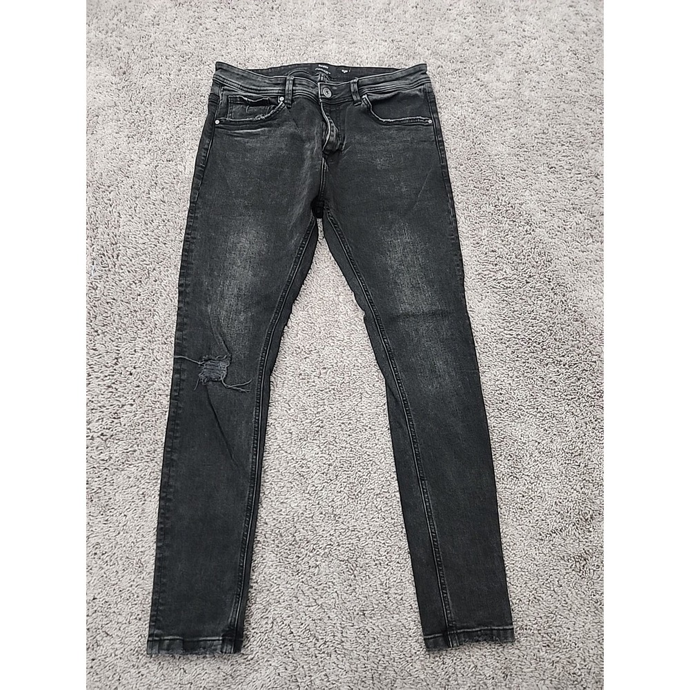 Bershka Men's Black Acid Wash Distressed Ripped‎ Skinny Jeans Size 32 Slim Fit